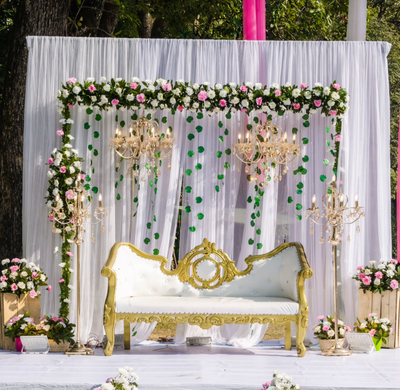 Elegant Wedding Backdrop with Floral Arrangements image